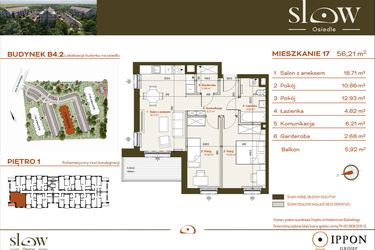 Rzut - Mieszkanie na sprzedaż 3 pokoje o powierzchni 56,21 m² - numer B4.2.17 w Osiedle SLOW