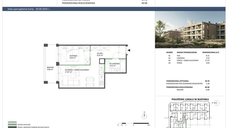Rzut - Mieszkanie na sprzedaż 2 pokoje o powierzchni 39,7 m² - numer B-14 w Hillence etap 2