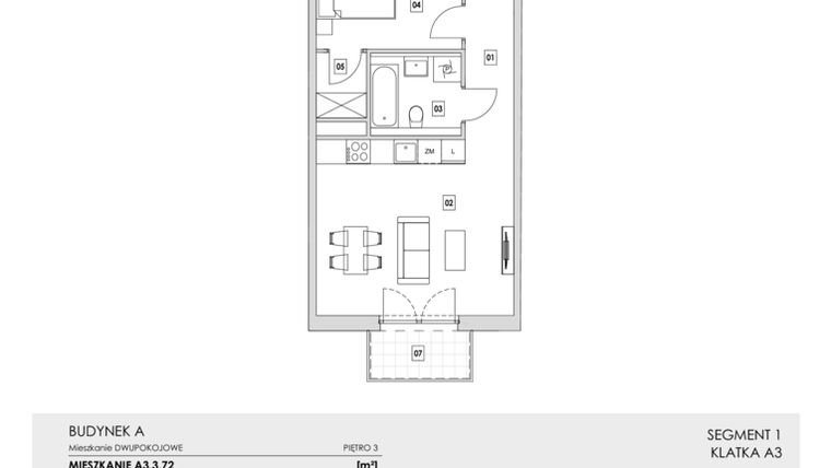 Rzut - Mieszkanie na sprzedaż 2 pokoje o powierzchni 47,16 m² - numer A3.3.72 w Zakole Wisły