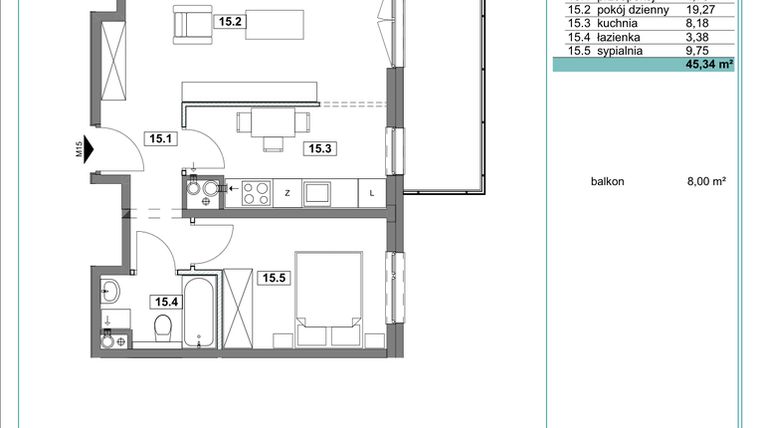 Rzut - Mieszkanie na sprzedaż 2 pokoje o powierzchni 45,62 m² - numer D.15 w Osiedle Kościuszki etap II