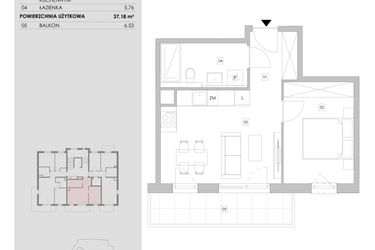 Rzut - Mieszkanie na sprzedaż 2 pokoje o powierzchni 37,18 m² - numer 90.2.07 w ATAL Bronowice