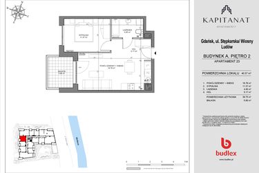 Rzut - Mieszkanie na sprzedaż 2 pokoje o powierzchni 39,75 m² - numer A23 w Kapitanat A