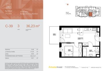 Rzut - Mieszkanie na sprzedaż 2 pokoje o powierzchni 36,23 m² - numer M39_NF.c w Nowe Flisy II