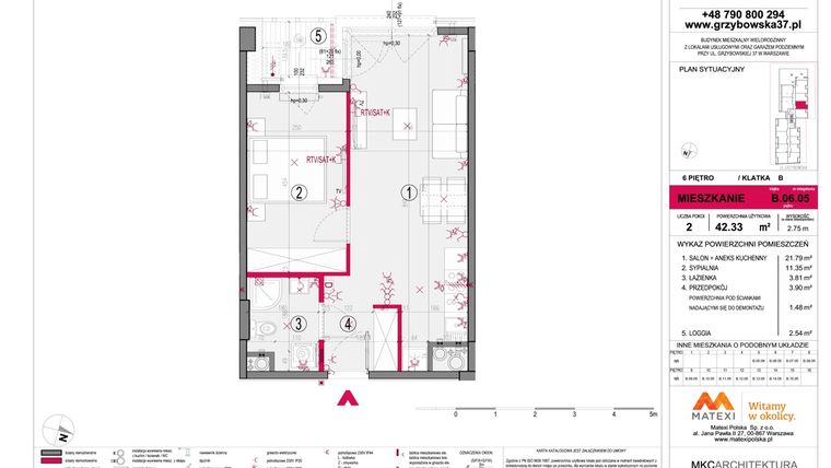 Rzut - Mieszkanie na sprzedaż 2 pokoje o powierzchni 42,33 m² - numer B.06.05 w Grzybowska 37