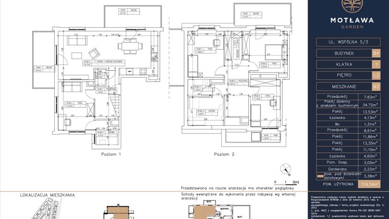 Rzut - Mieszkanie na sprzedaż 5 pokoi o powierzchni 119,74 m² - numer B4.M3 w Motława Garden