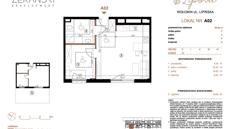 Rzut - Mieszkanie na sprzedaż 2 pokoje o powierzchni 46,45 m² - numer A02 w LIPOVA