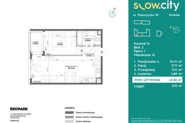 Rzut - Mieszkanie na sprzedaż 2 pokoje o powierzchni 45,88 m² - numer D2-12 w Slow City etap D