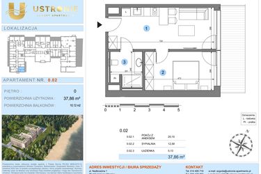 Rzut - Mieszkanie na sprzedaż 1 pokój o powierzchni 37,86 m² - numer 0.2 w Ustronie Luxury Apartments