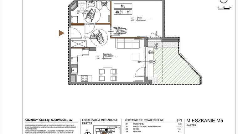 Rzut - Mieszkanie na sprzedaż 2 pokoje o powierzchni 48,51 m² - numer M5 w Kuźnicy Kołłątajowskiej 42