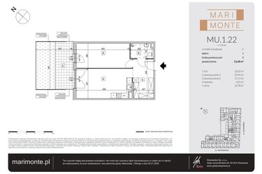 Rzut - Mieszkanie na sprzedaż 2 pokoje o powierzchni 52,68 m² - numer MU.1.22 w Marimonte - apartamenty inwestycyjne