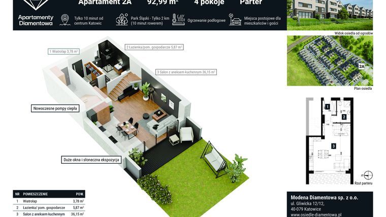 Rzut - Mieszkanie na sprzedaż 4 pokoje o powierzchni 92,99 m² - numer 2A w Apartamenty Diamentowa