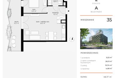 Rzut - Mieszkanie na sprzedaż 2 pokoje o powierzchni 46,17 m² - numer 35 w Semiramis