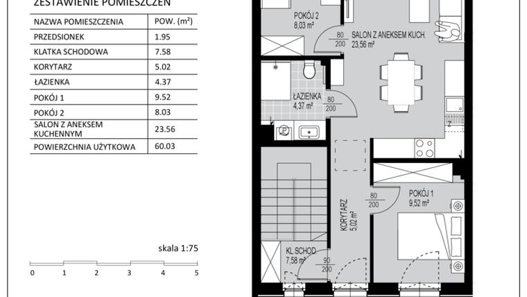 Rzut - Mieszkanie na sprzedaż 3 pokoje o powierzchni 60,03 m² - numer D12 w Kowalove etap 2
