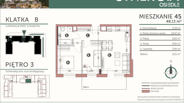 Rzut - Mieszkanie na sprzedaż 3 pokoje o powierzchni 48,13 m² - numer M45 w SYNERGIA