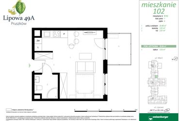 Rzut - Mieszkanie na sprzedaż 1 pokój o powierzchni 29,98 m² - numer 102B w Lipowa 49A