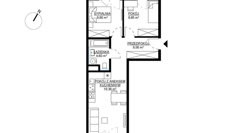 Rzut - Mieszkanie na sprzedaż 3 pokoje o powierzchni 53,27 m² - numer M54 w KWADRAT etap 2