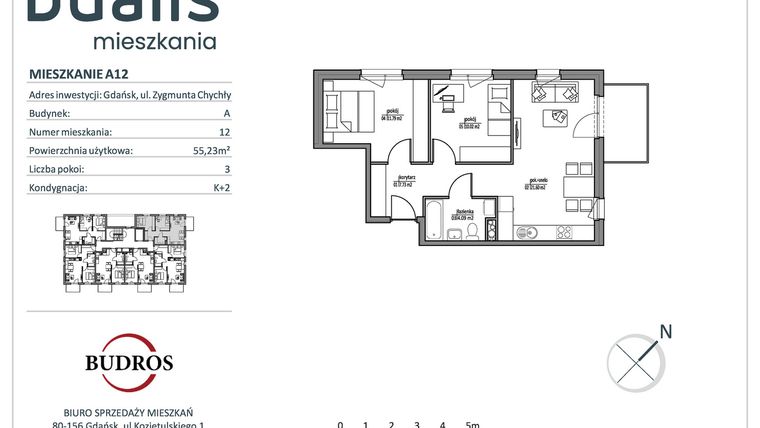 Rzut - Mieszkanie na sprzedaż 3 pokoje o powierzchni 55,06 m² - numer A12 w Dualis