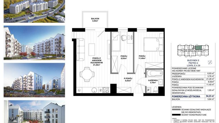 Rzut - Mieszkanie na sprzedaż 3 pokoje o powierzchni 54,23 m² - numer E.4.39 w Skandinavia