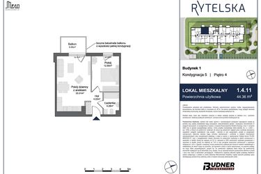 Rzut - Mieszkanie na sprzedaż 2 pokoje o powierzchni 44,36 m² - numer 1.4.11 w Rytelska