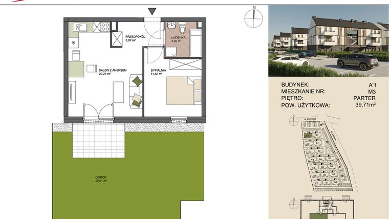 Rzut - Mieszkanie na sprzedaż 2 pokoje o powierzchni 39,71 m² - numer A'1/3 w Osiedle Przy Lipowej