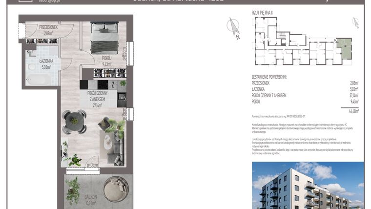 Rzut - Mieszkanie na sprzedaż 2 pokoje o powierzchni 44,48 m² - numer M.C.29 w Cichy Zakątek