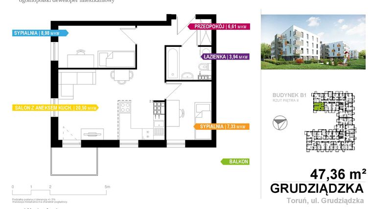 Rzut - Mieszkanie na sprzedaż 3 pokoje o powierzchni 47,36 m² - numer B1B.205 w Apartamenty Staromiejskie