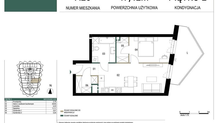 Rzut - Mieszkanie na sprzedaż 2 pokoje o powierzchni 47,42 m² - numer A28 w Drago