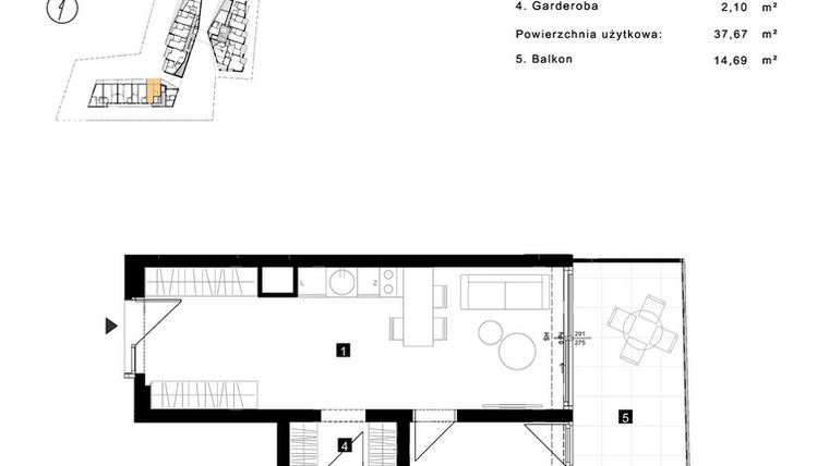 Rzut - Mieszkanie na sprzedaż 2 pokoje o powierzchni 37,67 m² - numer A.3.25 w Cisha Apartamenty Dziwnów