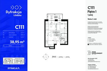 Rzut - Mieszkanie na sprzedaż 1 pokój o powierzchni 38,95 m² - numer C111 w Dyfrakcja Łódzka - bud. CD