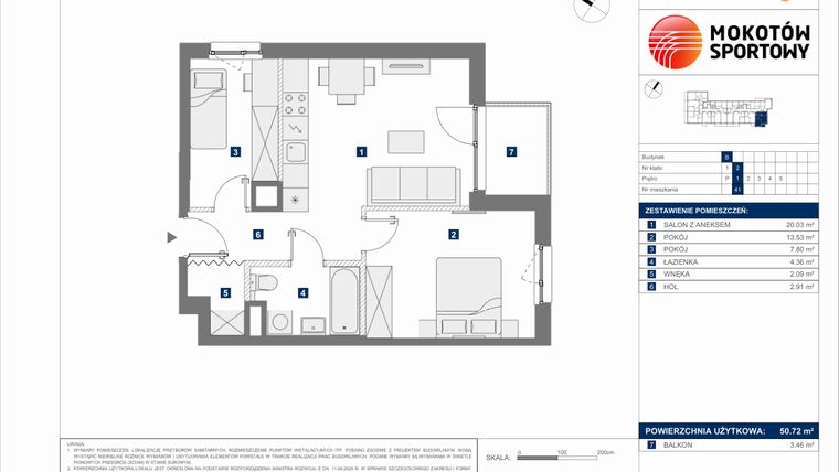Rzut - Mieszkanie na sprzedaż 3 pokoje o powierzchni 50,72 m² - numer B.41 w Mokotów Sportowy