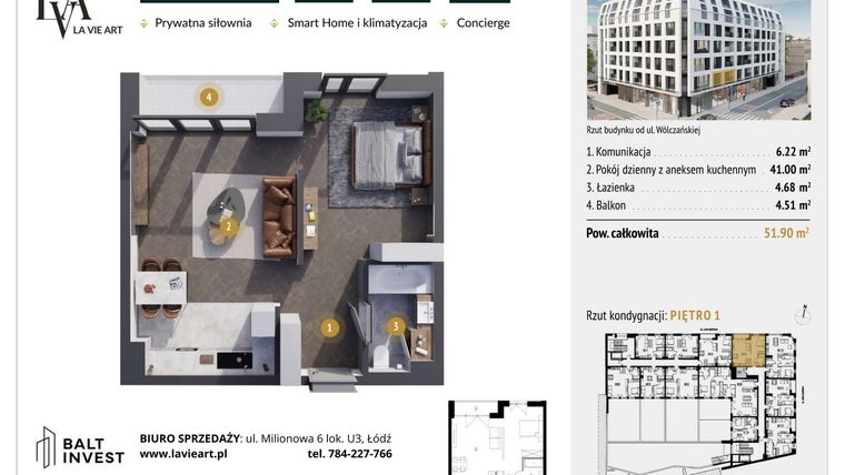 Rzut - Mieszkanie na sprzedaż 1 pokój o powierzchni 51,9 m² - numer M1.9 w La Vie Art