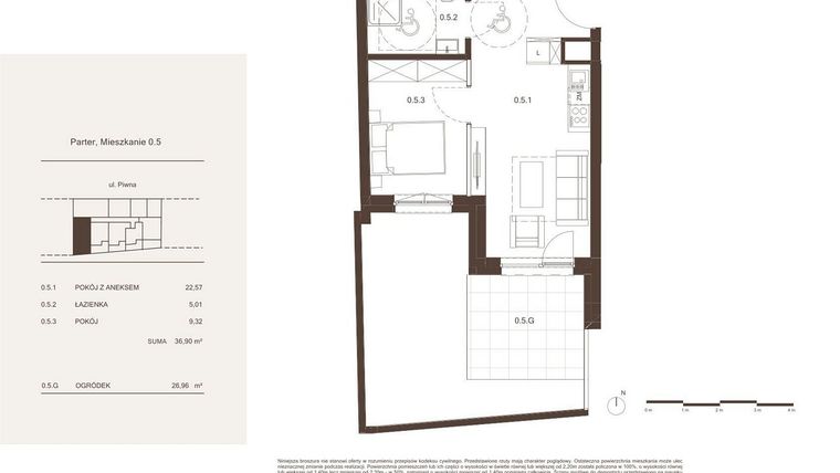 Rzut - Mieszkanie na sprzedaż 2 pokoje o powierzchni 36,9 m² - numer 0.5 w Piwna 21