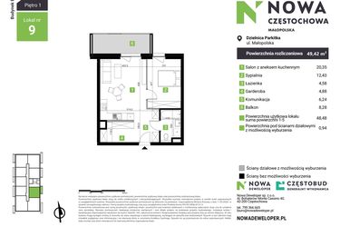 Rzut - Mieszkanie na sprzedaż 2 pokoje o powierzchni 49,42 m² - numer E9 w Nowa Częstochowa Małopolska etap II