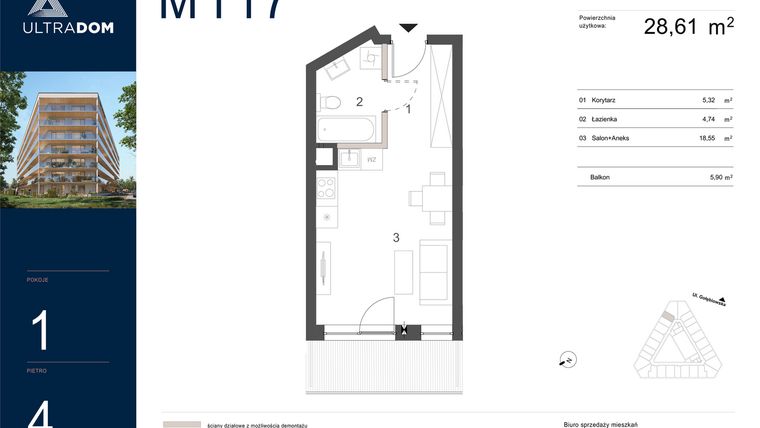 Rzut - Mieszkanie na sprzedaż 1 pokój o powierzchni 28,61 m² - numer M117 w Ultradom