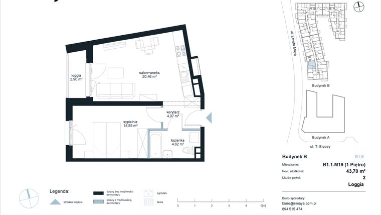 Rzut - Mieszkanie na sprzedaż 2 pokoje o powierzchni 43,7 m² - numer B1.1.M19 w EMaya