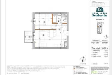 Rzut - Mieszkanie na sprzedaż 2 pokoje o powierzchni 35,61 m² - numer J1-29 w Park Leśny Rembertów etap VIII