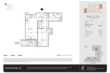 Rzut - Mieszkanie na sprzedaż 2 pokoje o powierzchni 54,49 m² - numer MU.2.31 w Marimonte - apartamenty inwestycyjne