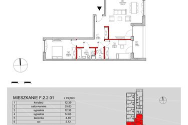 Rzut - Mieszkanie na sprzedaż 3 pokoje o powierzchni 84,11 m² - numer F.2.2.01 w ATAL SKY+ bud. D-F