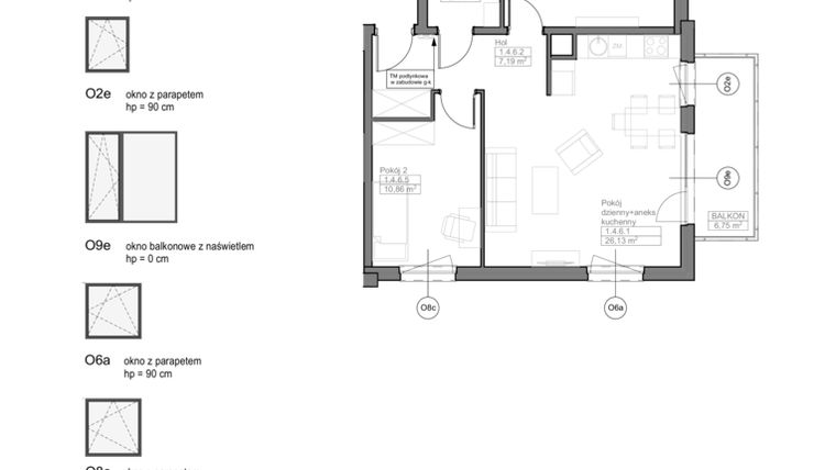 Rzut - Mieszkanie na sprzedaż 3 pokoje o powierzchni 61,16 m² - numer D.1.4.6 w Optima VII