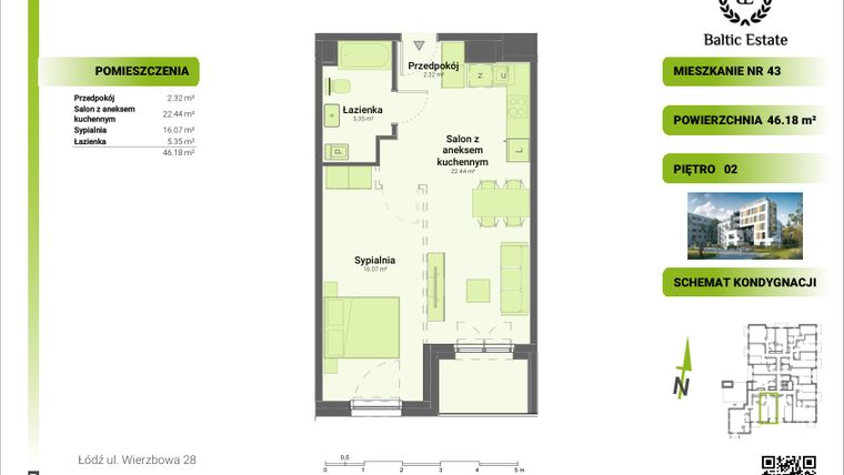 Rzut - Mieszkanie na sprzedaż 2 pokoje o powierzchni 46,18 m² - numer 02.M.43 w Dom Architekta