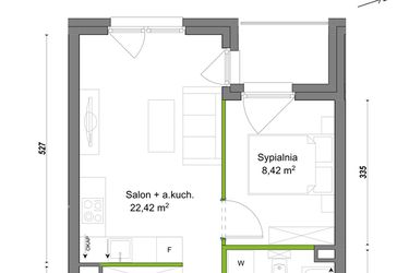 Rzut - Mieszkanie na sprzedaż 2 pokoje o powierzchni 35,7 m² - numer E1/B/12 w Orawska Vita