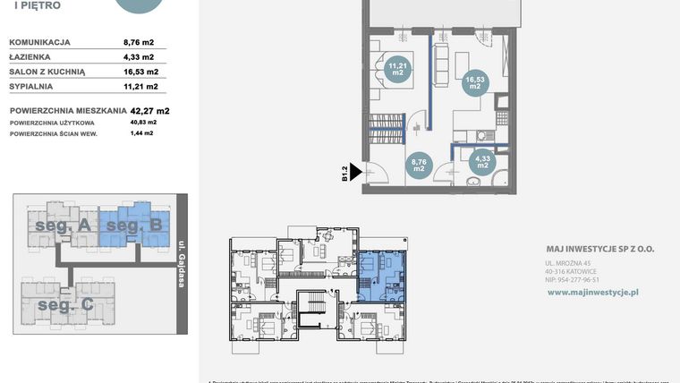 Rzut - Mieszkanie na sprzedaż 2 pokoje o powierzchni 42,27 m² - numer B1.2 w Nowy Radzionków