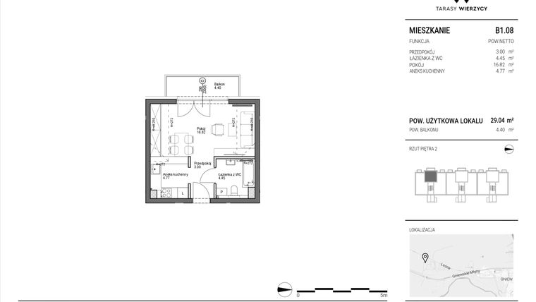 Rzut - Mieszkanie na sprzedaż 1 pokój o powierzchni 29,04 m² - numer B1.08 w Tarasy Wierzycy