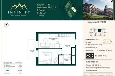 Rzut - Mieszkanie na sprzedaż 2 pokoje o powierzchni 34,22 m² - numer B2.3.10 w Infinity Mountain Resort