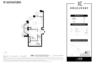 Rzut - Mieszkanie na sprzedaż 2 pokoje o powierzchni 42,7 m² - numer D-01-01 w Kolejova 1