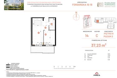 Rzut - Mieszkanie na sprzedaż 2 pokoje o powierzchni 37,23 m² - numer 16.14 w Osiedle Nowe Horyzonty etap II