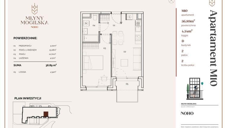 Rzut - Mieszkanie na sprzedaż 2 pokoje o powierzchni 36,84 m² - numer D.10 w Młyny Mogilska