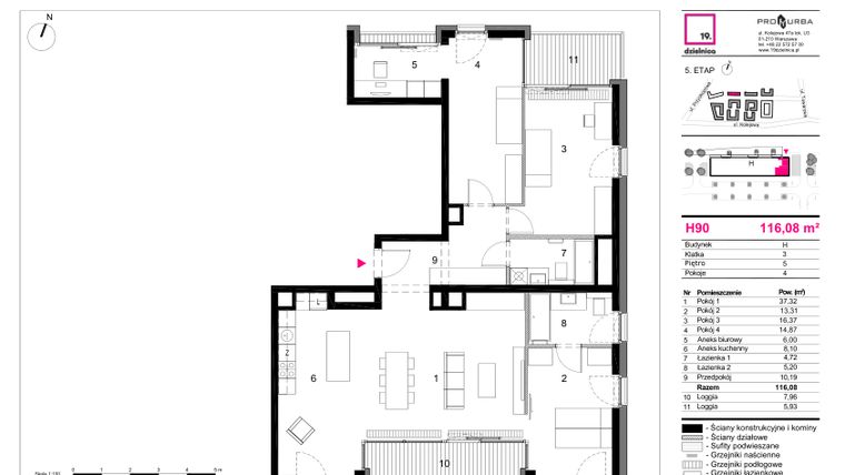 Rzut - Mieszkanie na sprzedaż 4 pokoje o powierzchni 116,08 m² - numer H90 w 19. Dzielnica Etap V