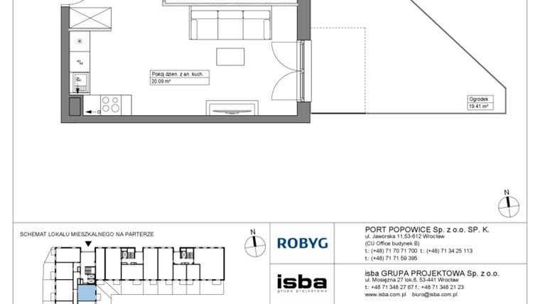 Rzut - Mieszkanie na sprzedaż 2 pokoje o powierzchni 38,55 m² - numer PPO/W/A/0/1 w Port Popowice bud. W
