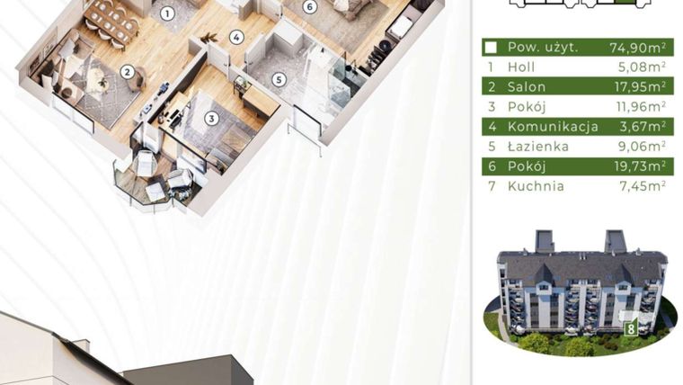 Rzut - Mieszkanie na sprzedaż 4 pokoje o powierzchni 74,19 m² - numer 19.M8 w Osiedle Leśny Zakątek